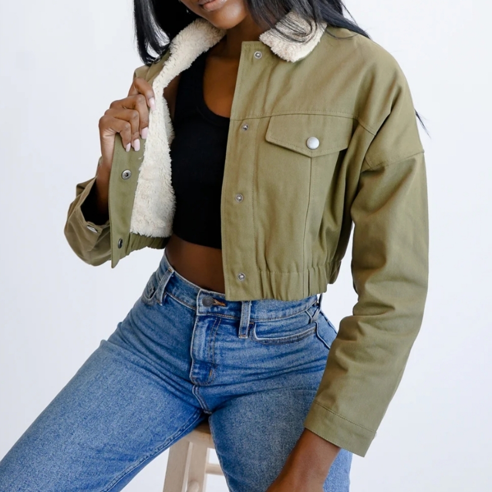 Hyfve Green Denim Cropped Sherpa Jacked Snap Buttons Size Medium